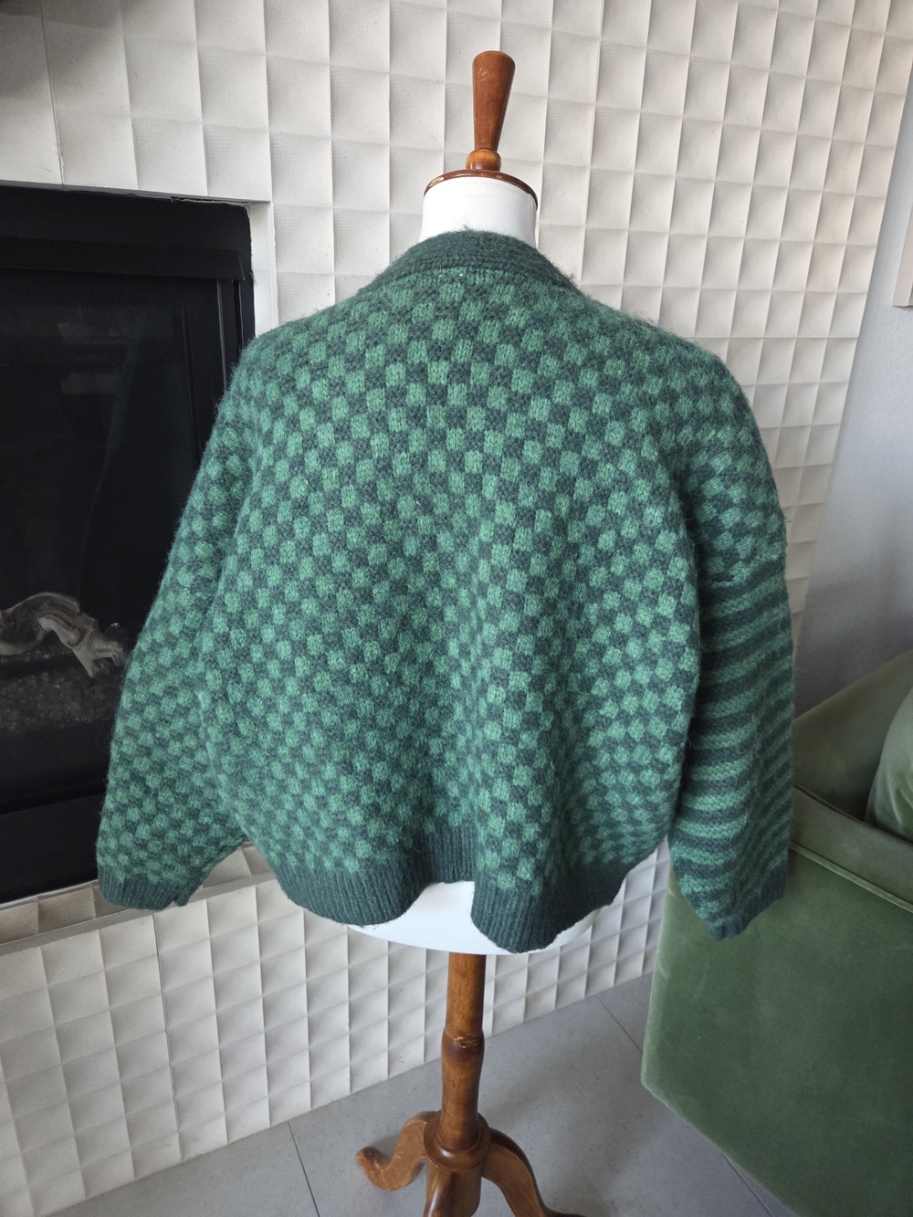 RAGA Anthropologie Emerald City Cardigan Green Vneck Button Checkered Stripes 1X - Picture 7 of 8